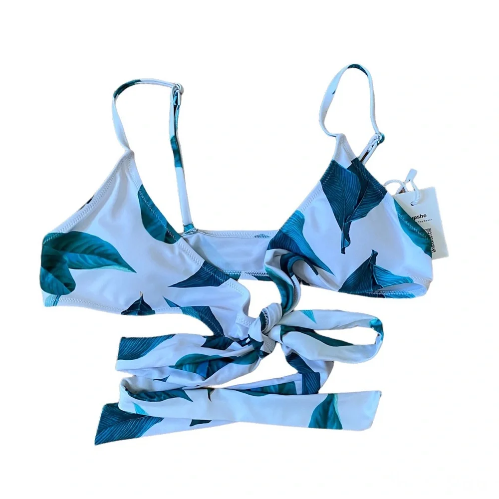 CUPSHE Fresh Leaves 2 Piece Bikini Wrap‎ Top White Green SMALL - Picture 4 of 12